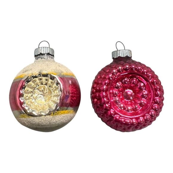 Vintage Shiny Brite Double Indent Ornaments Set Of 2 Pink & Silver Mercury Glass - Picture 1 of 6